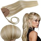 RUNATURE Ponytail Extension Human Hair, Real Hair Ponytail Extension Blonde, Straight Human Hair Ponytail, Remy Natural Hair Tangle Free, 14 Inch 70g #18P613 Ash Blonde Highlight Platinum Blonde