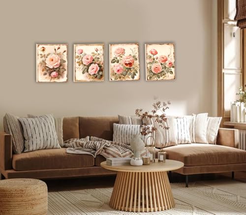 Image of Framed Vintage Flowers Canvas Wall Art Pink Rose Wall Decor,Set of 4