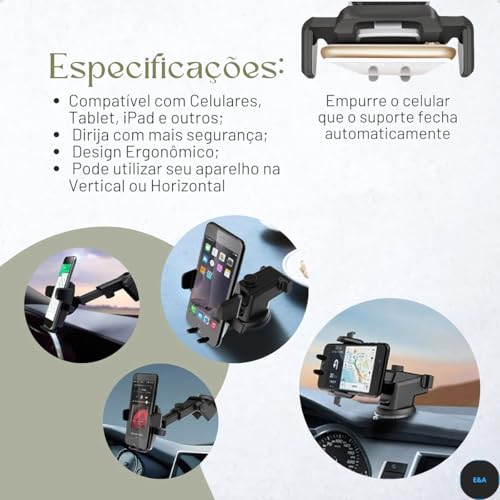 Suporte de Celular e GPS para Carro Compatíbilidade Universal C/Ventosa Gruda no Painel & Vidro Rota