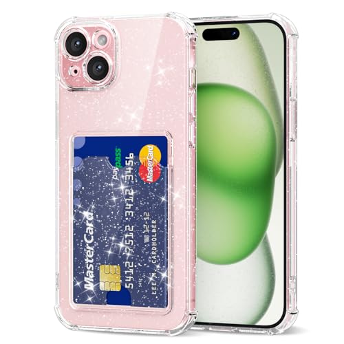 Svanove for iPhone 15 Case Wallet Clear Glitter Transparent Card Holder Case with Credit Card Slot Bling Sparkle Cute Girly Thin Slim Soft Rubber Protective Shockproof Bumper for Women Girl