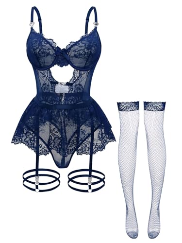 Image of Foxiny Sexy Lingerie Set 3 Piece Women Corset Bodysuit | Sheer Mesh Lace Push-Up Underwire Heart Garter Stocking Plus Size Curvy Exotic Costume Halloween Christmas Valentine's Day