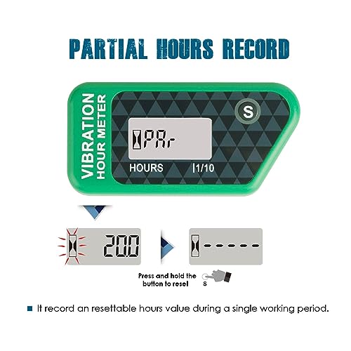 Runleader Digitaler kabelloser Betriebsstundenzähler mit eigener Stromversorgung, vibrationsaktivierter, rücksetzbarer Job-Timer, Benutzersperre für den Generator Marine Lawn Mower (Grün)