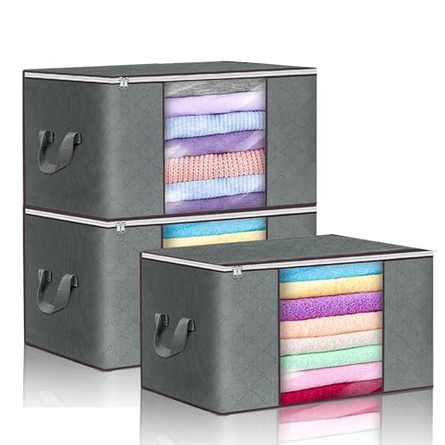 布団収納袋 衣類収納ケース 3個セット 50×35×20cm 大容量 収納ボックス 不織布 押し入れ収納 折りたたみ式 取っ手付き 衣装ケース clothes storage 深灰色 (グレー, S-3枚組)
