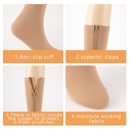 Image of 2 Pair Zipper Compression Socks 15-20 mmHg Closed Toe Calf Compression Stocking for Women and Men