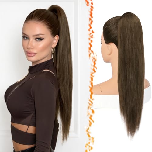 BARSDAR Ponytail Extension 55cm Lang Glattes Mittelbraun Kordelzug Pferdeschwanz Haarteil Extension Aussehen Synthetische Cheer Posh Comb Clip Pferdeschwanz Haarverlängerung Haarteil Tägliche Party