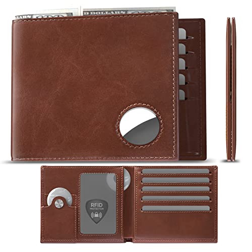 typecase Mens Leather Wallet with AirTag Holder: Hidden Pocket Compatible with Apple Air Tag,Top Grain Leather, Bifold, Slim, RFID Blocking - 10 Card Capacity | Bill Divider | ID Window (Brown)