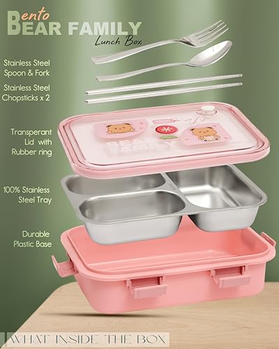 Image of Brand Conquer Lunch Box Leak-Proof BPA Free Stainless Steel for School, Lunch Box for School & Office with a Fork, a Spoon and a Pair of Chopsticks (Pink, Bear Family 3 Compartment)