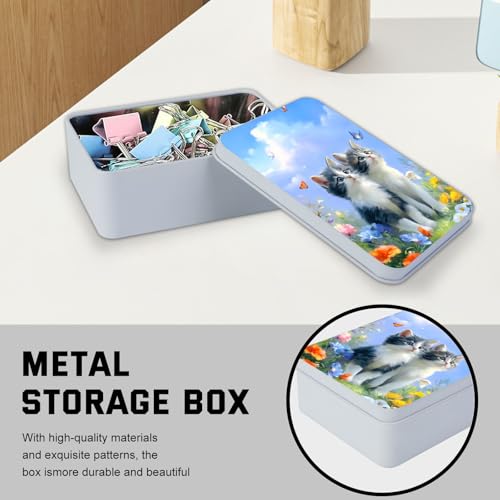 Image of Metal Tin Box with Lid,Multi-functional Storage Box Can Store Tea Biscuits Game Cards, Playing & Tarot Cards-Comes with 4 Magnetic Cord Clips,Kittens with Butterflies