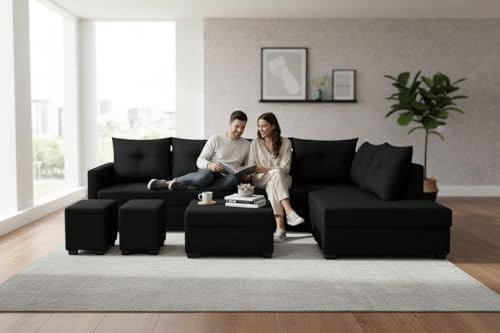 Image of SOCOZI Oriana 8 Seater RHS L Shape Sofa Set | Velvet Suede Fabric L Shape Sofa for Livingroom with 2 Ottoman & Centre Table (Black)