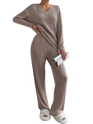CheChury Zweiteiler Damen Lounge Set V-Ausschnitt Einfarbig Loungewear Gerippt Shirt Top Langärm mit Hose 2-Teiliges Hausanzug Jogginganzug...