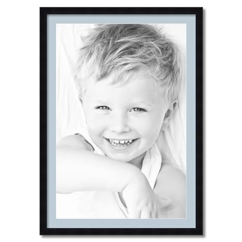 ArtToFrames 24x36 inch 1.375 Satin Black Step Lip Picture Frame with 2 Inch Single Baby Blue Mat, SingleMat-10035-24x36-860