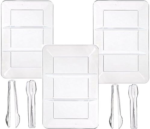 Disposable Plastic Serving Tray for Parties Clear with 3 Compartments Plus Tongs (7 Pack)