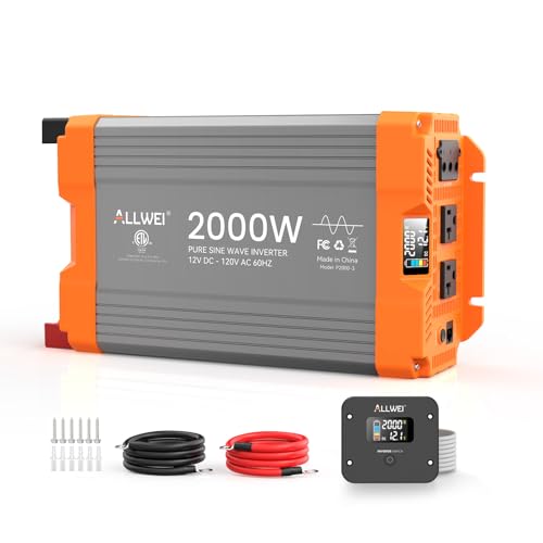 ALLWEI 2000W Pure Sine Wave Inverter 12V DC to 120V AC Converter Surge 4000W 20A Sockets Hardwire Port Power Inverters for Vehicles RV Truck Home Solar & Off-Grid Inverter Remote Controller