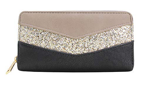 CRAZYCHIC - Portefeuille Paillettes Grande Capacité Femme - Compagnon Porte-Monnaie Long Bande Strass Brillant Cuir PU Multicolore - Plusieurs Compartiments Cartes - Tendance Mode - Noir