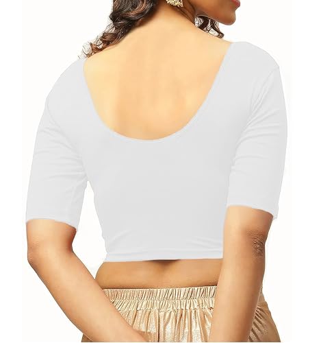 Image of THE BLAZZE 1303 Women's Cotton Scoop Neck Backless Elbow Sleeve Crop Top Readymade Saree Blouse for Women's