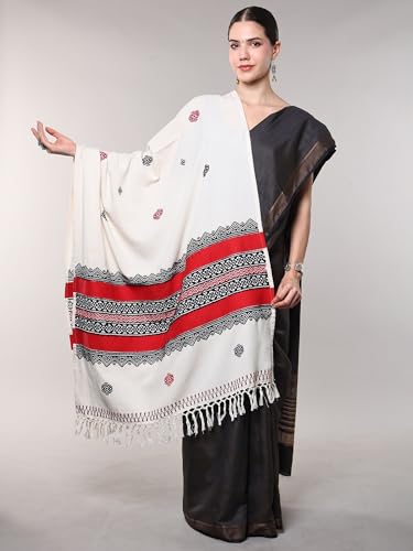 Image of Exotic India Pure Cotton Shawl from Tamil Nadu | Toda Embroidery South Indian Traditional Stole for Women's Casual Wear