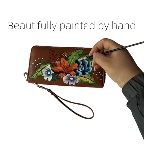 Hand-Painted Floral Leather Wallet with Wristlet, Brown, Zipper Closure3