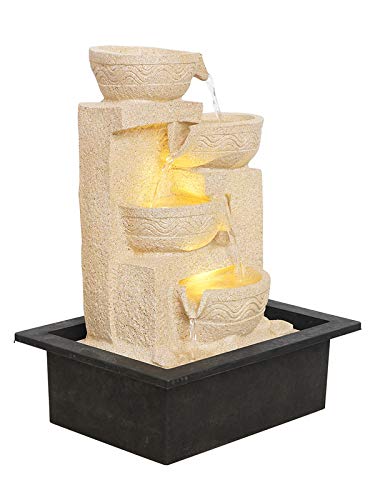 Image of Polyresin Table Top Cream Colour Designer Indoor 4 Diya Steps Waterfall Fountain for Home Decor with Yellow LED & Water Flow Controller Pump (Size: 38 x 29.5 x 22CM | Weight: 2000 Gram)