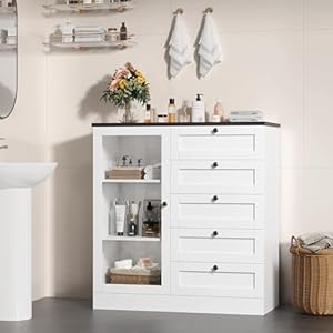 Hostack 5 drawer dresser with door white storage cabinet with drawers and shelves wide wood dresser modern chest of drawers organizers for living room kitchen hallway  urban country home decor