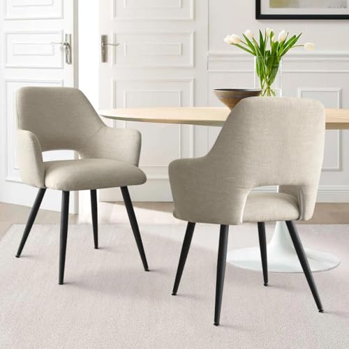 Image of Finch Fox Motel Luxurious Home Collection Upholstery Fabric Arm Dining Room Chairs in Beige Color with Black Metal Powder Coated Legs