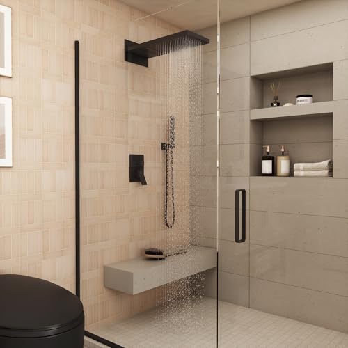 CASAINC Ducha de 22 pulgadas con cobertura grande, tipo cascada y lluvia, sistema de ducha de pared acabado negro mate miniatura 2