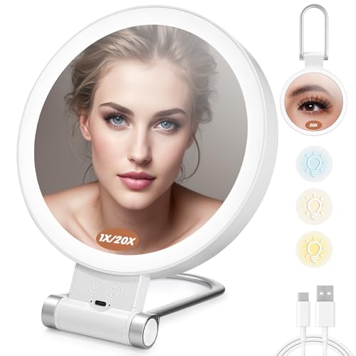 Espejo Maquillaje con Luz, 20X/1X Espejo Aumento con Luz, Espejo Aumento, LED 3 Colores de Luz, Espelho Maquilhagem con Luz,...