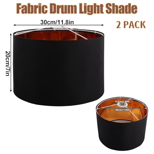 2 Pack Black Fabric Drum Light Shade, 30 x 20cm Pendant Lampshade, Modern Golden Inner Ceiling Light Shade for Table Lamp Bedside Lamp Floor Lamp - Image 2