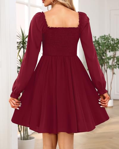Image of Holipick Women's Casual Square Neck Smocked Dress Shirred Ruffle Puff Sleeve High Waist Cute Flowy A-Line Short Dress