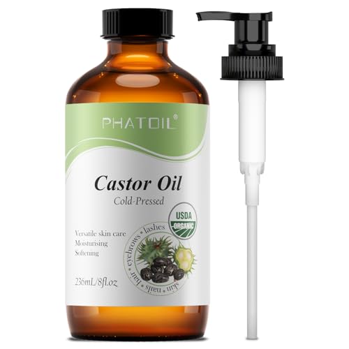 PHATOIL Castor Oil Organic Cold Pressed Unrefined Glass Bottle with Pump, 236 ml (8 fl.oz) USDA Certified Organic Castor Oil for Hair Growth, Eyelashes, Eyebrows, Pack Wraps, Carrier Oil, Hexane Free