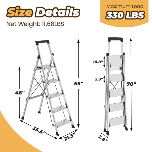 HBTower 5 Step Ladder, Lightweight Aluminum Folding Step Stool - Image 2
