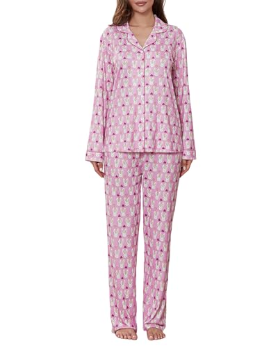 Felcia 2-teiliges Pyjama-Set für Damen, Ostern, Hasen-Druck, langärmelig, Hemd mit Knopfleiste und elastischer Taille, niedliches Kaninchenmuster,...