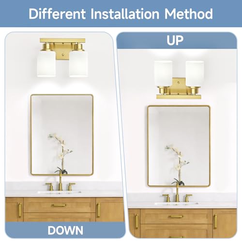 Image of 2 Light Gold Bathroom Light Fixtures,Brushed Gold Vanity Light with Clear Glass,Gold Bathroom Vanity Lights Over Mirror,Wall Sconces for Living Room,Bedroom,Hallway(E26 Base)