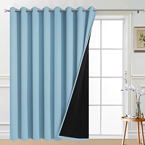 Image of Yakamok Sky Blue Blackout Patio Door Curtain Panels W100 x L84, 1 Panel | Noise Reducing Barrier Panel for Sliding Glass Door, 2 Thick Layers Heat Full Light Blocking Patio Door Drapery