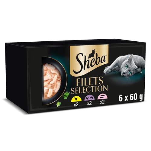 SHEBA Filets Adult Katzenfutter in Sauce mit Huhn, Meeresfisch & Garnele, Lachs & Thunfisch 36 x 60g Schale