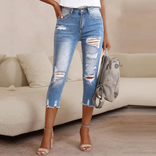 fanmpghleoo Capri Jeans for Women Stretch Frayed Hem Ripped Jeans Lightweight Denim Capris with Pockets Summer Denim Joggers3