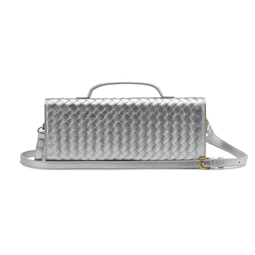 Image of Woven Clutch Purses for Women, PU Leather Shoulder Crossbody Evening Bag Satchel Handbag for Formal, Wedding, Party (Silver)