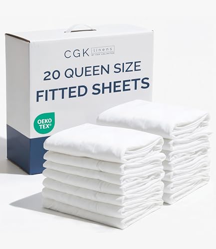 Bulk Case Pack of 20 Fitted Sheets - (20) Queen Size Fitted Sheets with Deep Pockets - Wholesale Bulk Bedding for Hotels Spas & Airbnbs - Breathable & Cooling - Soft and Wrinkle Free - (Queen White)