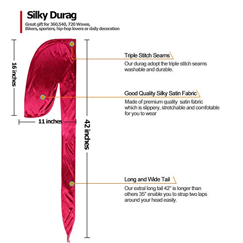 5 Pcs Silky Durag Caps Headwraps with Long Tail and 1 Piece Silk Wave Cap Perfect for Men 360 Waves