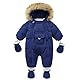 Baby Jungen Mädchen Winter Schneeanzug Kapuze Jacke Gestiefelt Strampler mit Handschuhen Kleinkind Overall mit abnehmbarem Pelzbesatz Blau 6-9 Monate