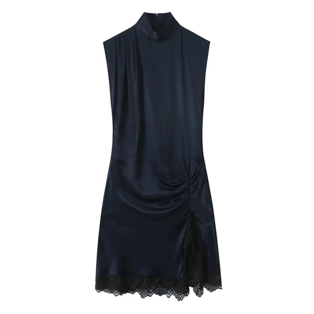 Vestido de Mujer Vestido Mini de Satén Azul Invierno Azul Invernal, Cuello semialto y Encaje Mini Vestido