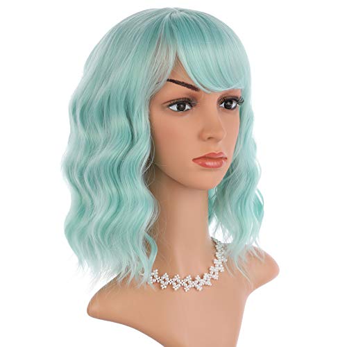 Enilecor Short Wavy Mint Green Wig With Air Bangs,12" Curly Bob Wig For Women,Shoulder Length Fun Wigs Synthetic Colorful Wigs For Daily Cosplay #TOP2
