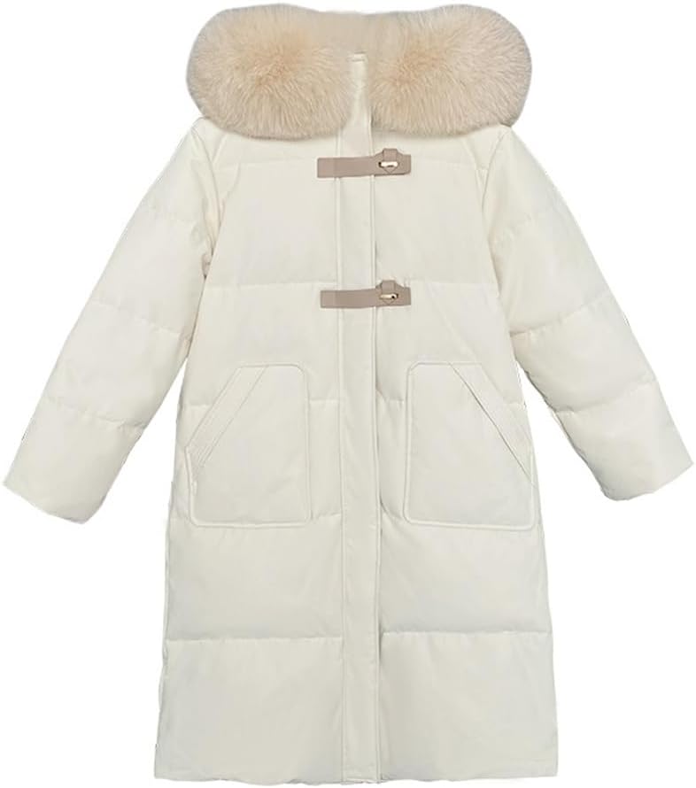 Winter Hair Collar Down Jacket Long White Duck Down Jacket Loose Warm Women