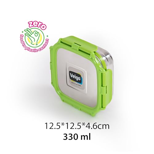 Image of Veigo Original Stainless Steel Medium Snack Box (300 ml), Airtight & Leakproof, Freezer & Dishwasher Safe, Snacks Box for School, Silicone Ring & Polymer Frame, Safe Lid Lock, Green