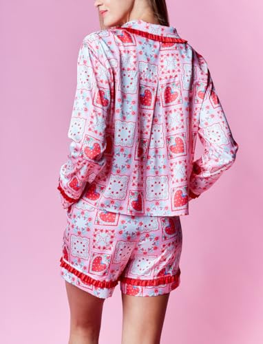 Image of Valentines Heart Bow Pajamas for Women Silk Satin Ruffle Shorts Pjs Tie Front Long Sleeve Shirts Pajamas with Bows