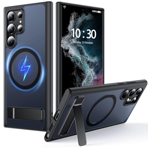 FNDMIL for Samsung Galaxy S22 Ultra Case with MagSafe [Adjustable Kickstand] [Charge While Standing] [Military Shockproof] Translucent Matte Soft Silicone Bumper for S22 Ultra Phone Case Slim Black