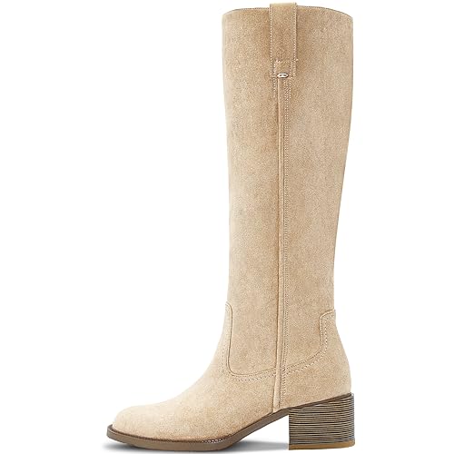 Image of Women's Knee High Boots Chunky Low Block Heel Round Toe Faux Leather Rinding Boots with Side Zip Fashion Tall Boots for Women