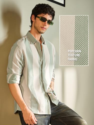 Image of The Souled Store Stripes: Sage Men and Boys Long Sleeves Collared Neck Button Front Regular Fit Cotton Blend Shirts