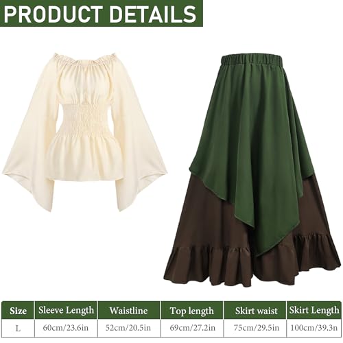 OGMBI Mittelalter Kleidung Damen Set, Renaissance Kleid mit Beutel, Korsett, Gürtel & Flasche, Viktorianisches Kostüm für Karneval, Halloween,...