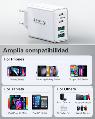 Cargador USB C 40W, Cargador iPhone Carga Rapida Múltiple USBC Enchufe PD+QC Rápido Pared Adaptador Tipo C Movil Cargadors para iPhone 17 16 15 14 13 12 11 Pro MAX Plus,iPad,Samsung USB Charger - imagen 7