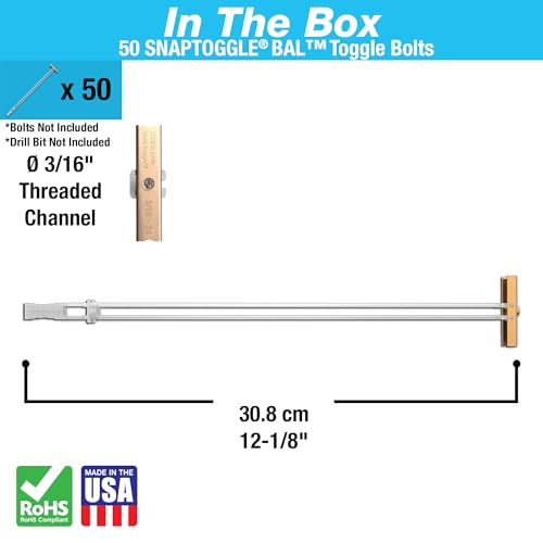 Image of TOGGLER SNAPTOGGLE BAL Long Toggle Anchor, Zinc-Plated Steel Channel, Made in US, 2 inch to 9-1 /2 inch Grip Range, For 3 /16 inch-24 UNC Fastener Size (Pack of 50) | Zinc-plated steel long toggle anchors for 3 /16-24 UNC bolts. Bolts not included